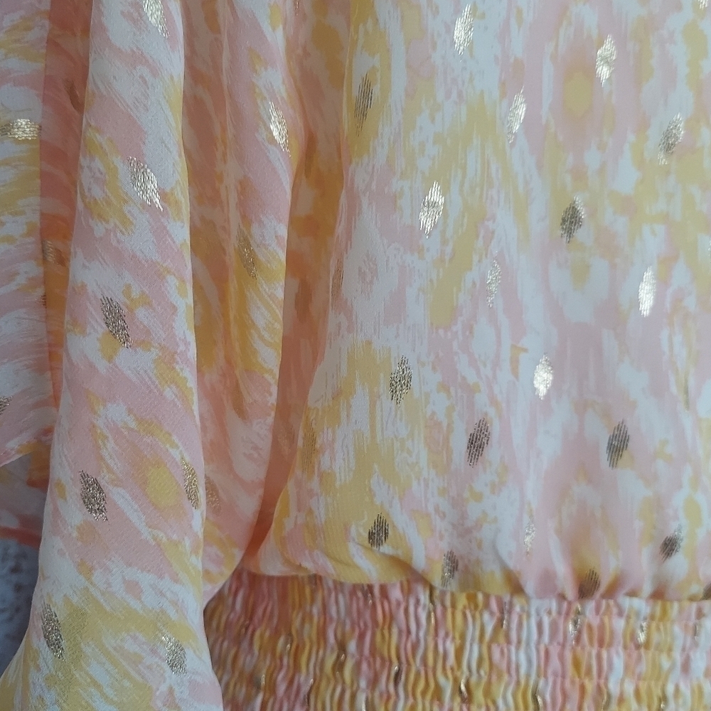 House Of Harlow 1960 Maxi Floral Short Sleeve Dress Gold Accent Button Down M - Picture 2 of 10